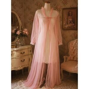 Vintage Avian Full Length Sheer Chiffon Peignoir Robe Blush Pink Lace Medium